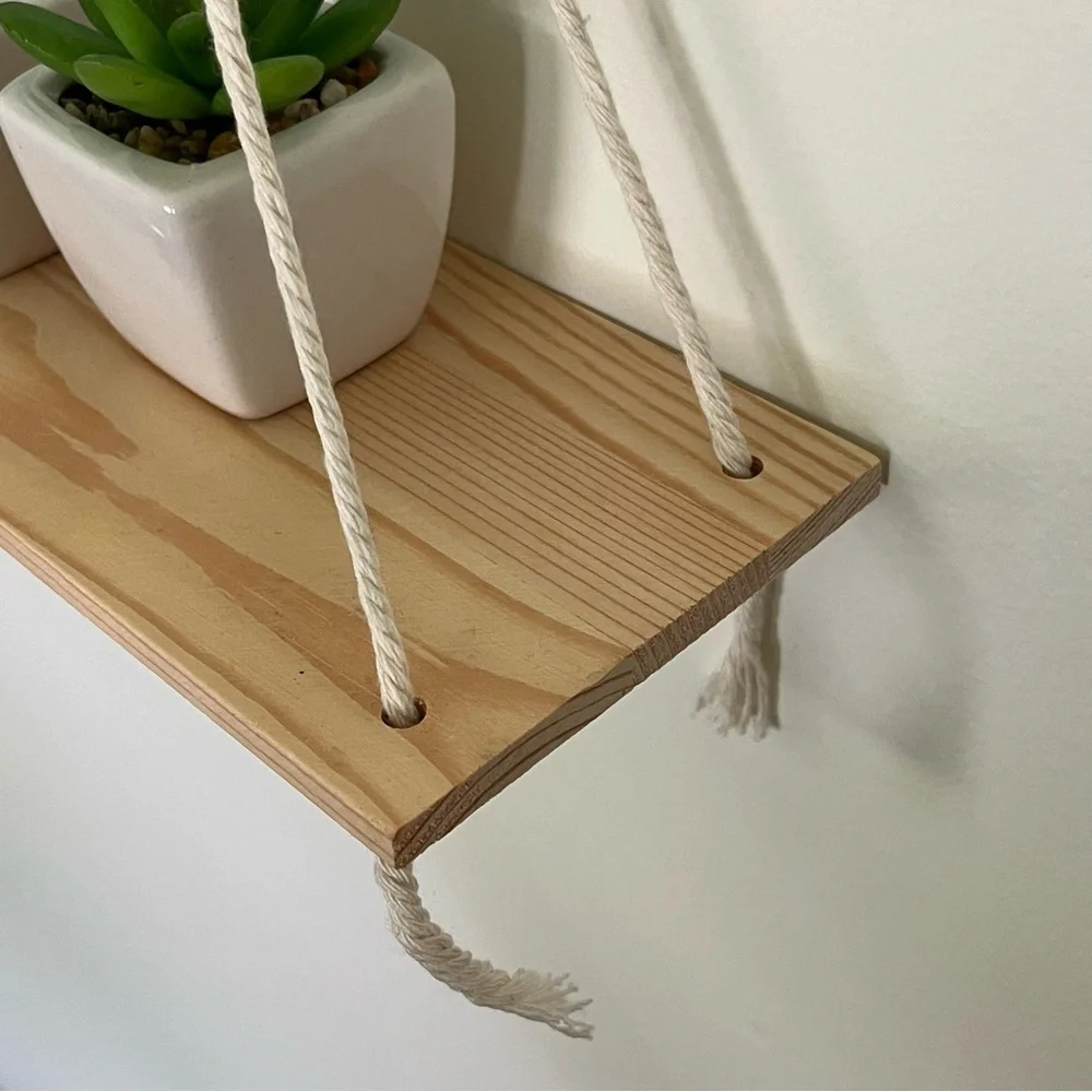 Natural Wooden Hanging Shelf with Cream Rope